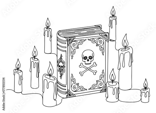 Magic spell book with skull and candles continuous one line drawing. Halloween witchcraft and occult concept vector.
