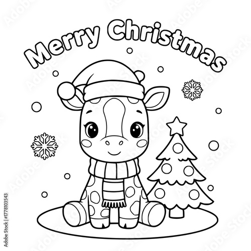 Giraffe beside Christmas tree, coloring book page for toddlers Generative AI