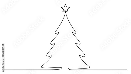Minimalist Christmas Tree with Star Topper. Holiday Season Continuous Line Art