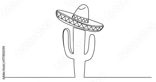 Cactus with Sombrero Hat. Mexican Culture Symbol for Cinco de Mayo. Continuous Line Art