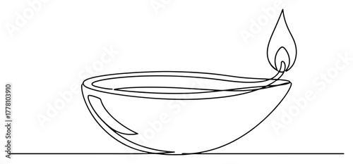 Diya oil lamp continuous one line drawing. Symbol of Diwali the festival of lights. Hindu religious icon vector.