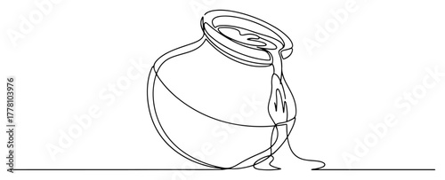 Clay Pot Spilling Sweet Honey. Organic Food Continuous Line Art Vector