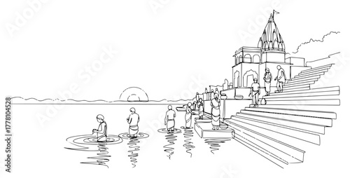 Varanasi Ghats on the Ganges river continuous one line drawing. People bathing in sacred water at sunrise in India. Vector illustration.