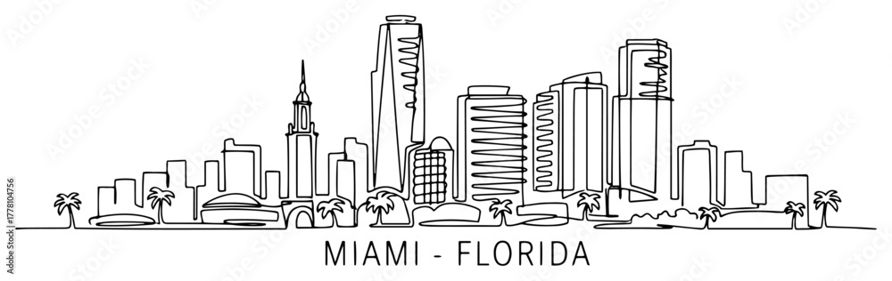 Fototapeta premium Miami Florida Cityscape with Modern Skyscrapers and Palm Trees. Continuous Line Art