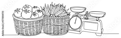 Fresh Produce in Baskets with Vintage Kitchen Scale. Grocery Market Stall. Continuous Line Art