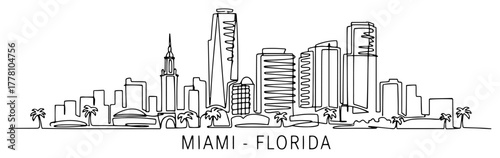 Miami Florida Cityscape with Modern Skyscrapers and Palm Trees. Continuous Line Art