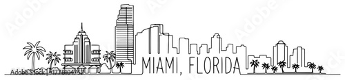 Miami Florida City Skyline with Art Deco Buildings and Palm Trees. Continuous Line Art