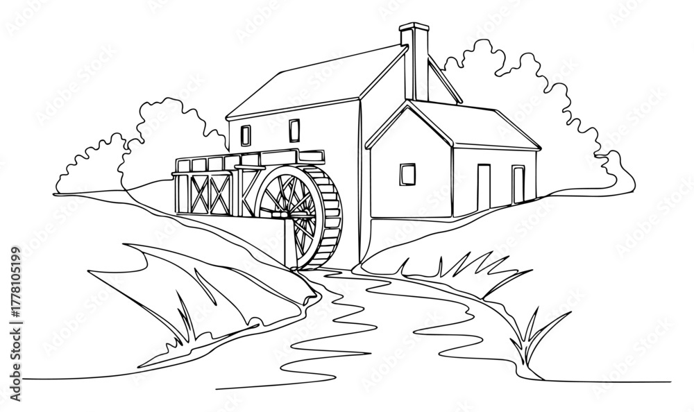 Obraz premium Old watermill on a river continuous one line drawing. Rural countryside landscape with water wheel building vector.
