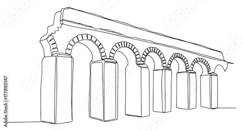 Ancient Roman aqueduct ruin continuous one line drawing. Historical architecture landmark vector illustration.
