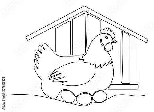 Brooding Hen sitting on Eggs in a Chicken Coop. Poultry Farming Scene. Continuous Line Art