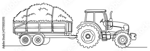 Farm tractor with hay trailer continuous one line drawing. Agricultural transport vehicle vector illustration.