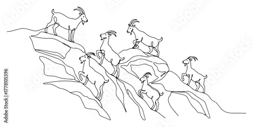 Herd of mountain goats on a rocky cliff continuous one line drawing. Wild animals in nature vector illustration.