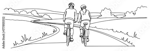 Senior couple riding bicycles in the countryside continuous one line drawing. Active retirement lifestyle vector illustration.