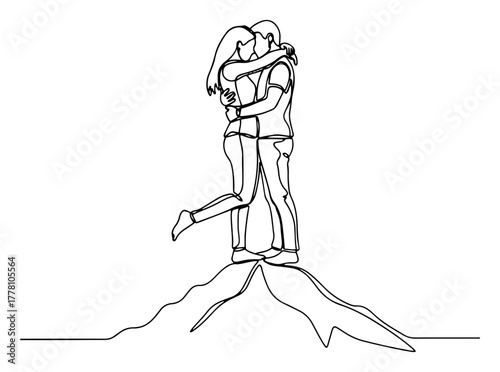 Passionate couple hugging and kissing on a mountain top continuous one line drawing. Romantic love story vector illustration.