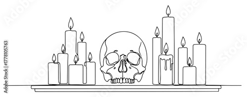 Human skull with burning candles gothic altar minimalist continuous line art vector illustration