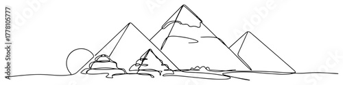 Egyptian pyramids desert landscape with dunes and sun minimalist line art vector illustration