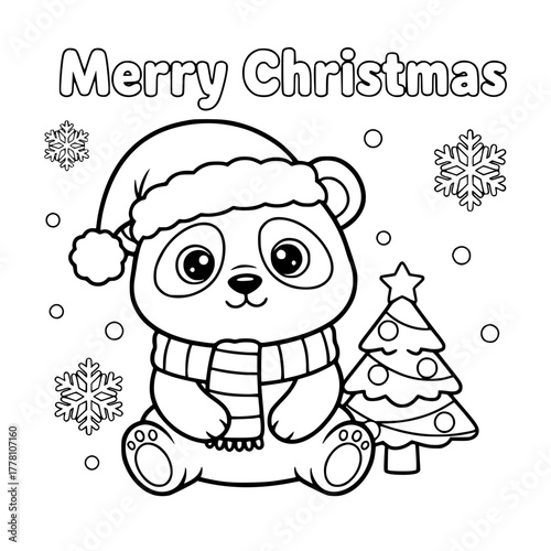 Panda beside Christmas tree, coloring book page for toddlers Generative AI