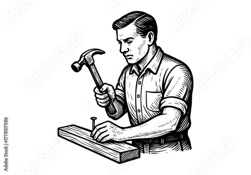 Hammer hand drawn simple engraved vector illustration