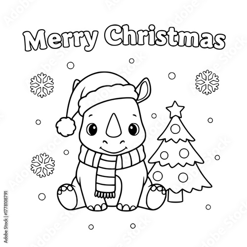 Rhino beside Christmas tree, coloring book page for toddlers Generative AI