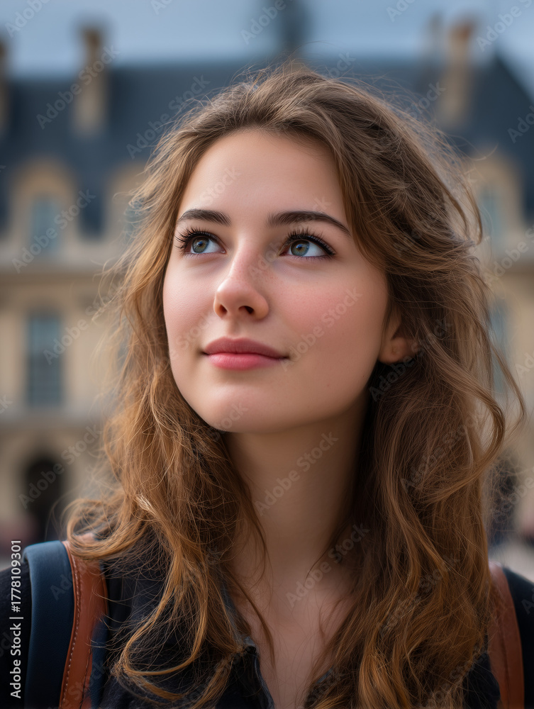Fototapeta premium Young woman daydreaming while exploring city sights