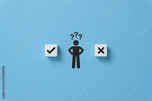 Decision making and choosing between the right and wrong. Confusion about to accept or to reject. Stickman with question mark standing in between the dice with check mark and x symbols