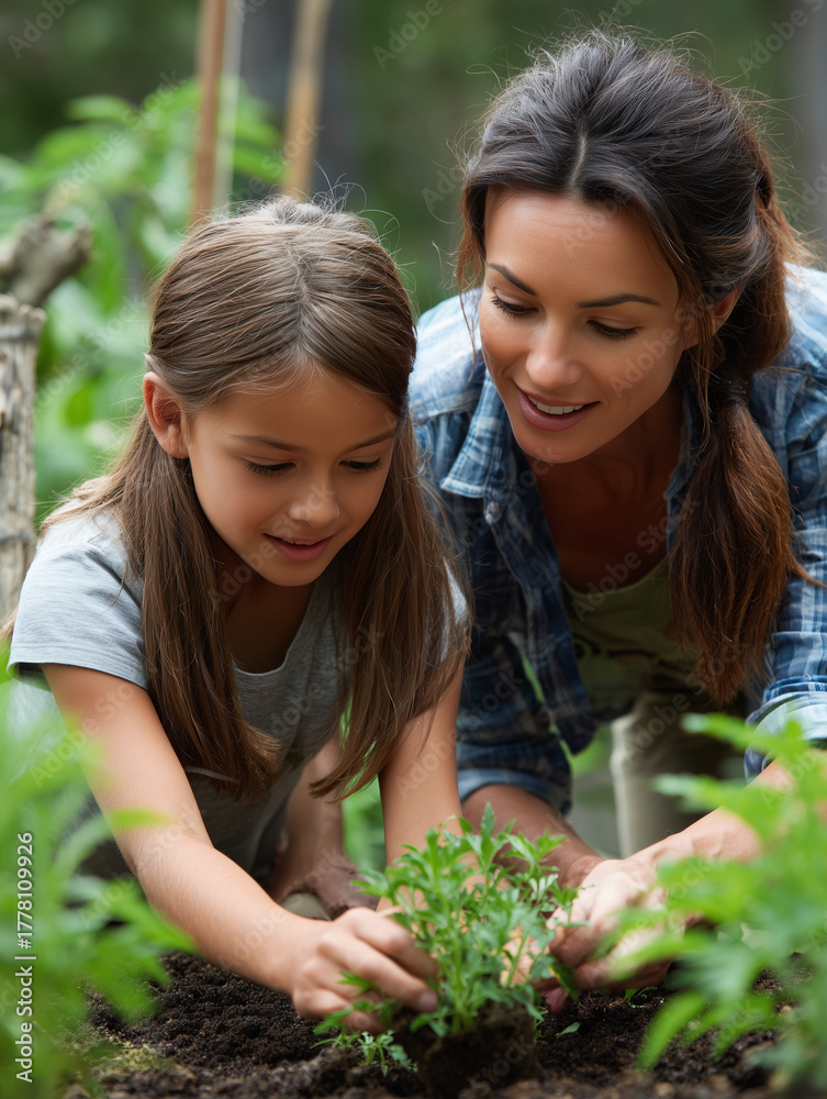 Fototapeta premium Mother and daughter planting seedling in garden together