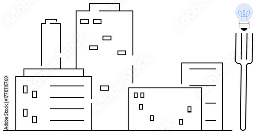 Minimalist cityscape alongside a fork adorned with a lit lightbulb, blending urban innovation with creative ideas. Ideal for innovation, sustainability, urban life, dining culture, creative thinking