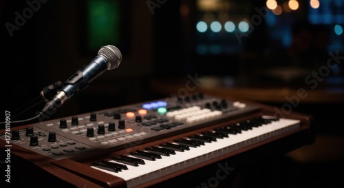 A microphone and synthesizer sit on a wooden surface, blurred lights in background