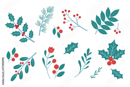 Winter Botanical Clipart Bundle with Leaves, Pine Branches, and Red Berries, Flat Vector Elements for Holiday Craft and Design Projects