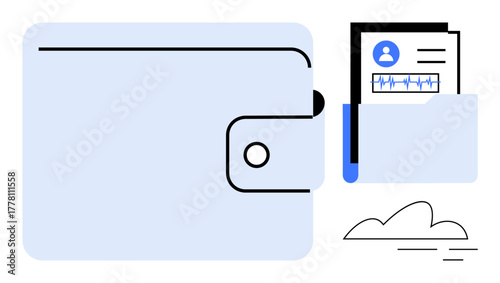 Closed wallet with folder holding document showing personal ID and heart graph. Ideal for finance, healthcare, security, digital storage, privacy, organization, data. Simple flat metaphor