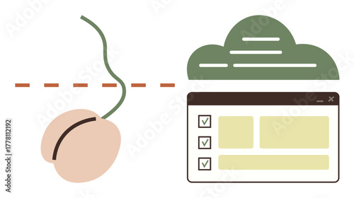 Computer mouse and browser window with checklist connect to cloud design. Ideal for technology, cloud computing, data management, automation, remote work, productivity, simple flat metaphor