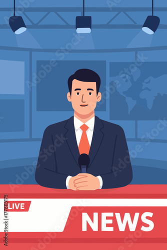 Flat vector of a professional news anchor reporting live in a modern television studio with screens and lights