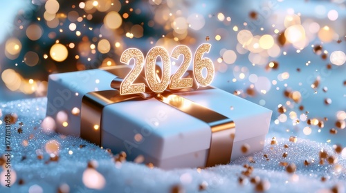 Sparkling gift box adorned with golden ribbon and festive decorations, featuring the year 2026, symbolizing joy and celebration for New Year and Christmas festivities