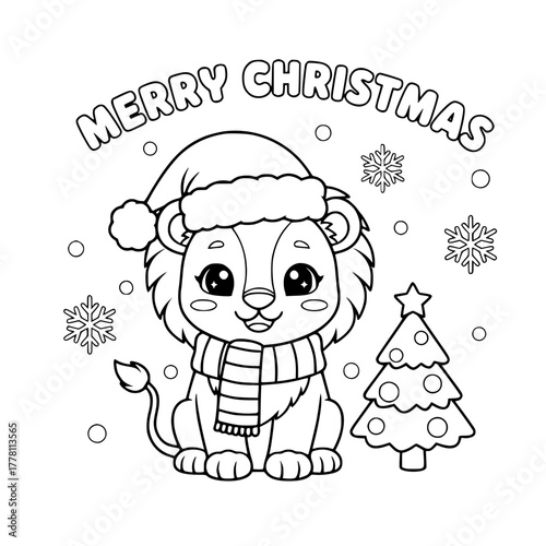 Lion cub beside Christmas tree, coloring book page for toddlers Generative AI