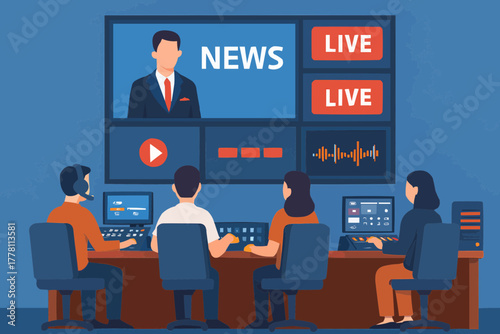 Flat vector of a camera operator filming a news anchor in a professional TV studio