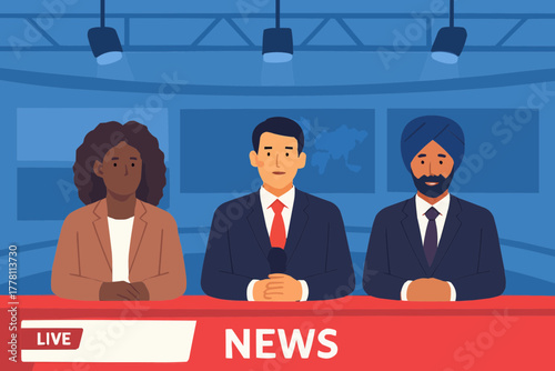 Multicultural news team in a TV studio preparing for a live broadcast, flat vector illustration