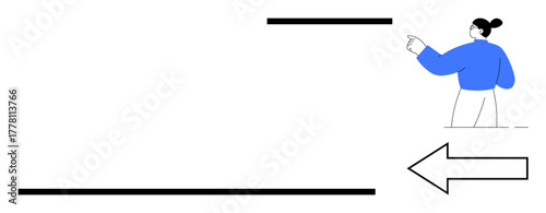 Woman in blue sweater gestures towards large left-facing arrow, emphasizing guidance or movement. Ideal for navigation, instruction, leadership, focus, decision-making, progress, simplicity-based