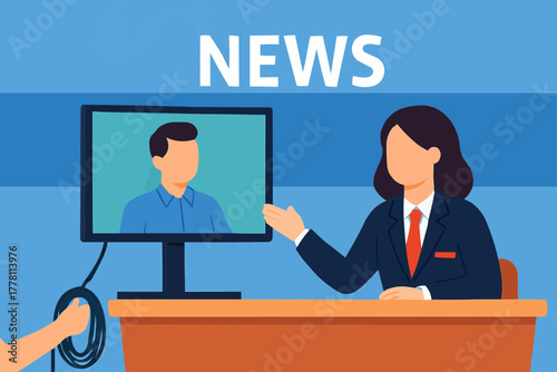Flat vector of a young news anchor being trained in a TV studio with mentor and teleprompter