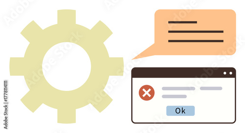 Gear representing settings, error message pop-up on browser window with OK button, and speech bubble. Ideal for technology, troubleshooting, maintenance, error fixes, software updates, communication
