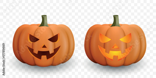 Vector 3d Realistic Halloween Pumpkins with Carved Faces, Isolated. Two Jack O Lanterns Glowing in Orange Light. Funny Scary Pumpkins for Halloween Night, Autumn Holiday Decoration, Festive Design
