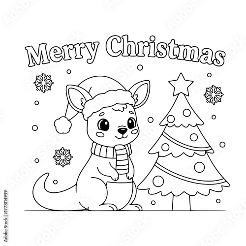 Kangaroo beside Christmas tree, coloring book page for toddlers Generative AI