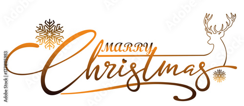 Handwritten calligraphy illustration of "merry christmas" with reindeer head decoration