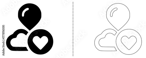 Location pin with heart icon minimal vector design for love travel romantic destination favorite place and dating map concept in outline and solid style