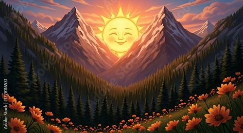 Whimsical Sun with Smiling Face in Mountain Sunset Landscape with Forest and Flowers