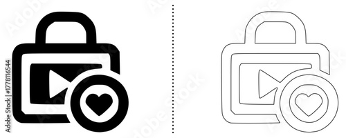 Shopping bag with play button and heart icon minimal line and solid style vector symbol for e commerce video marketing online store favorite product and digital shopping design