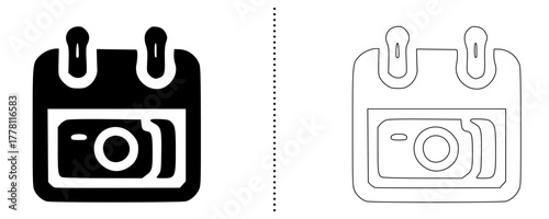 Calendar with camera icon minimal line and solid style vector symbol for photography schedule event planner photo shoot booking reminder and creative date design