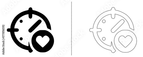 Clock with heart icon minimal vector symbol for time management love schedule dating app reminder timer romance and relationship concept design