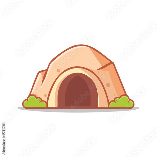 A charming illustration of a cave entrance, nestled amidst green grass. The cave opening invites exploration