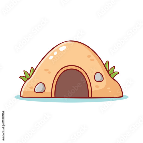 A cute cartoon depiction of an animal burrow, with a welcoming entrance and simple design. It evokes a sense of home and shelter