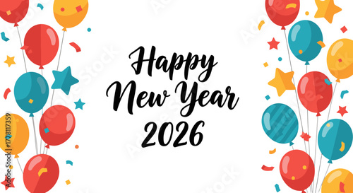 Vibrant New Year 2026 celebration banner with colorful balloons and confetti